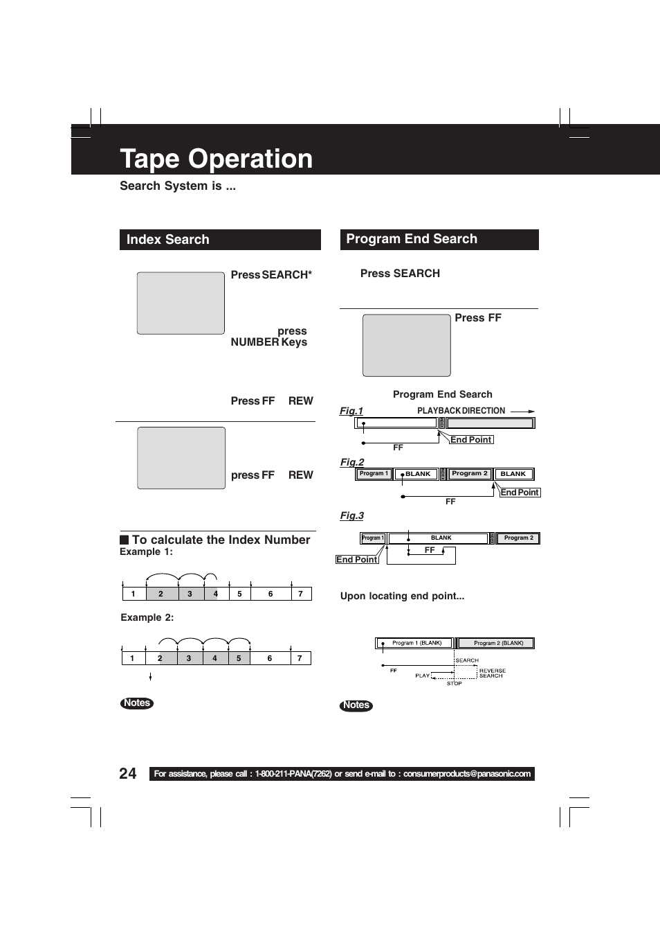 Advanced operation, Tape operation, Program end search | Index search, Search system is | Panasonic PV-C2033WA User Manual | Page 24 / 40