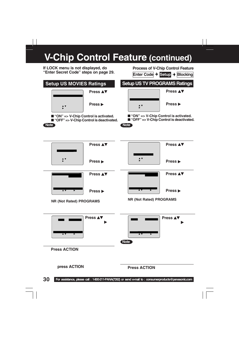 V-chip control feature, Continued), Setup us movies ratings | Setup us tv programs ratings | Panasonic PV-C2033WA User Manual | Page 30 / 40