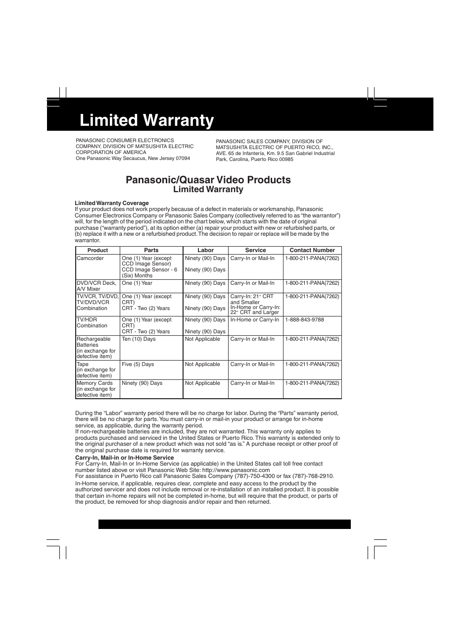 Limited warranty, Panasonic/quasar video products | Panasonic PV-C2033WA User Manual | Page 34 / 40