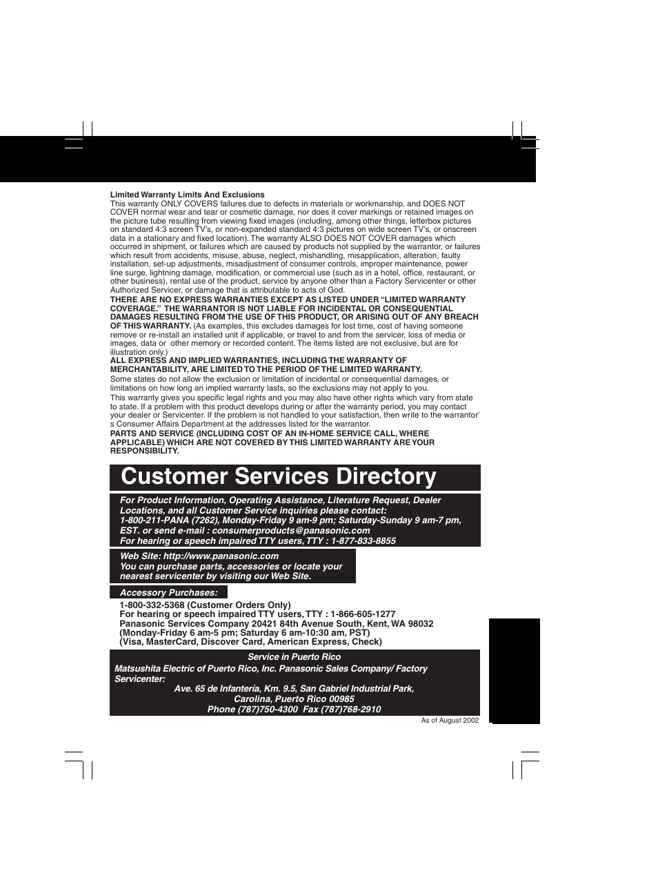 Customer services directory | Panasonic PV-C2033WA User Manual | Page 35 / 40