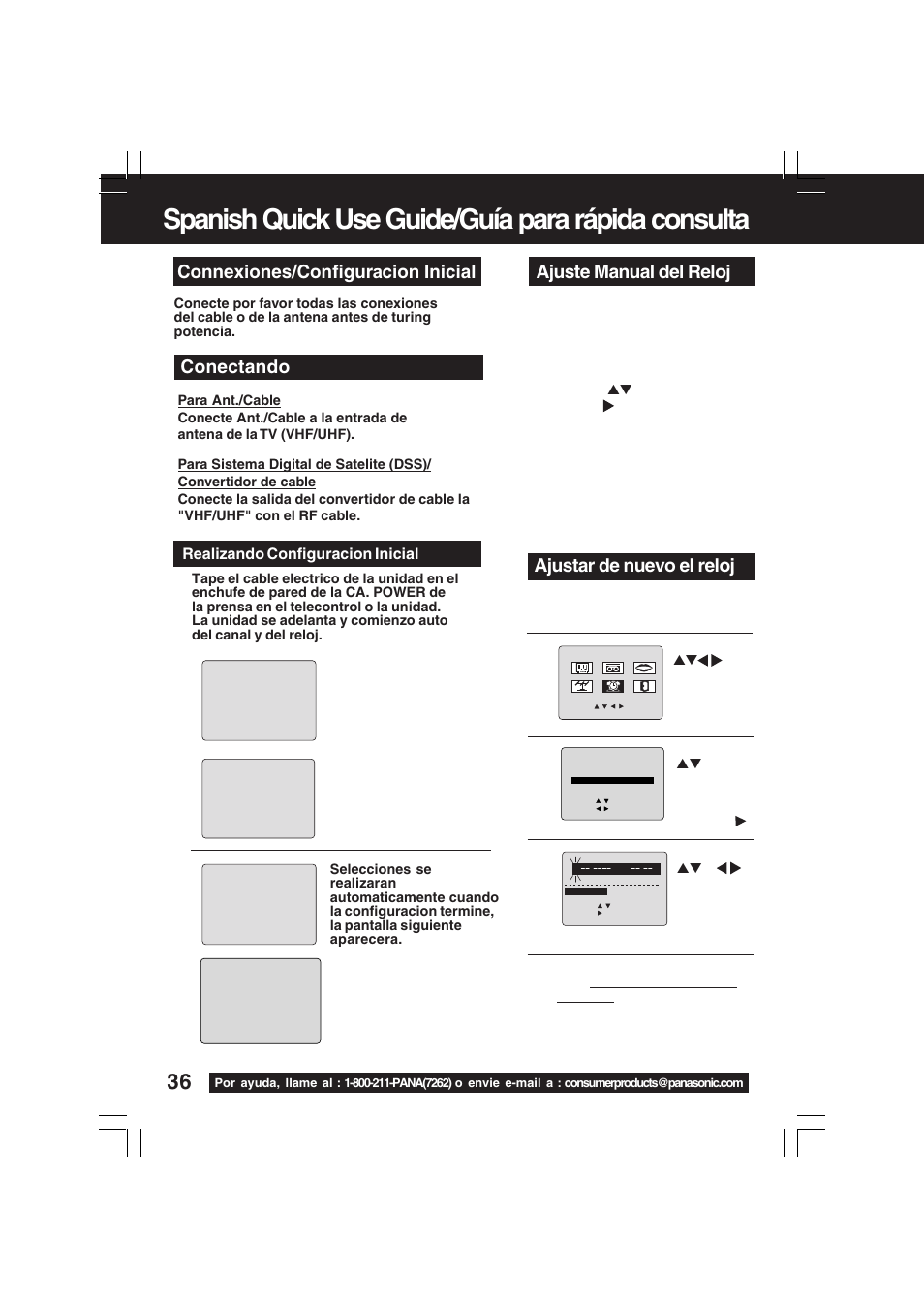 Spanish quick use guide/guía para rápida consulta, Ajustar de nuevo el reloj, Ajuste manual del reloj | Connexiones/configur acion inicial, Conectando | Panasonic PV-C2033WA User Manual | Page 36 / 40