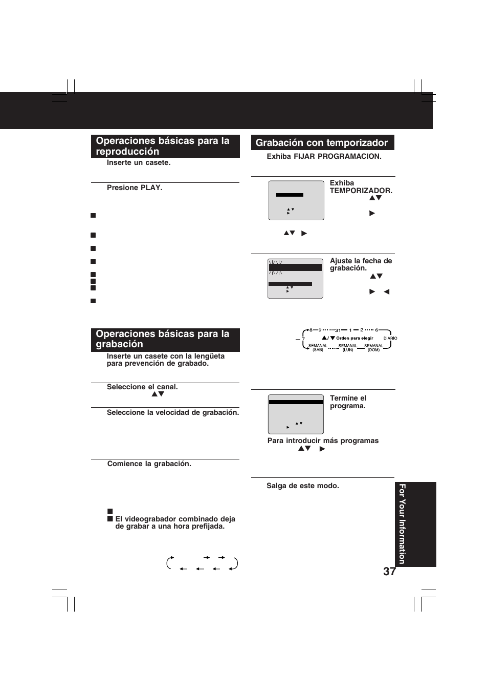 Operaciones básicas para la reproducción, Operaciones básicas para la grabación, Grabación con temporizador | Panasonic PV-C2033WA User Manual | Page 37 / 40