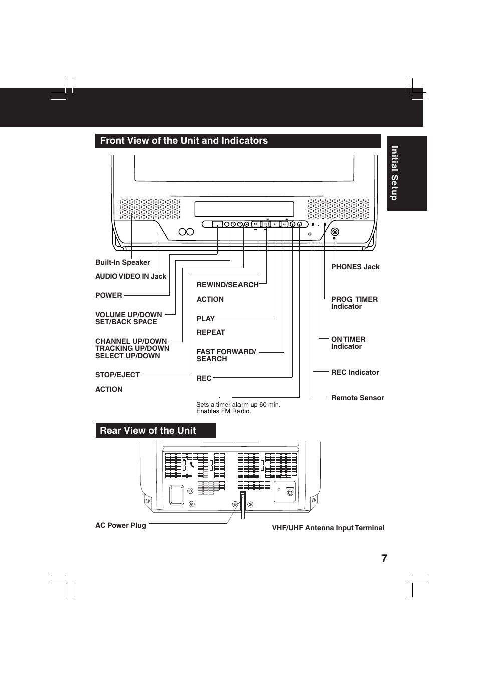 Initial setup, Built-in speaker audio video in jack, Power | Volume up/down set/back space, Channel up/down tracking up/down select up/down, Stop/eject, Action, Rewind/search, Play, Repeat | Panasonic PV-C2033WA User Manual | Page 7 / 40