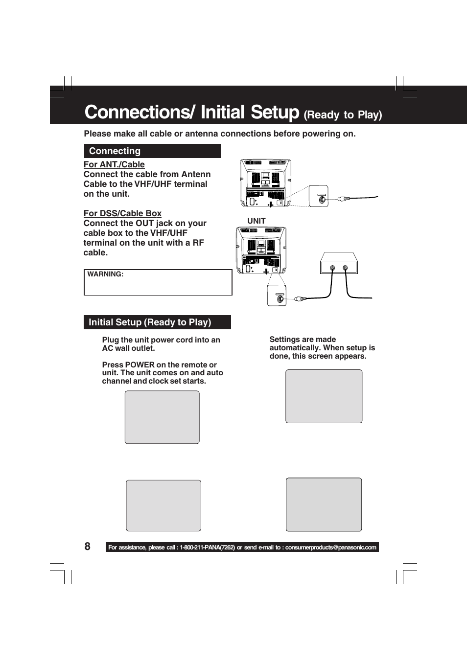 Connections / initial setup (ready to play), Connections/ initial setup, Ready to play) | Panasonic PV-C2033WA User Manual | Page 8 / 40