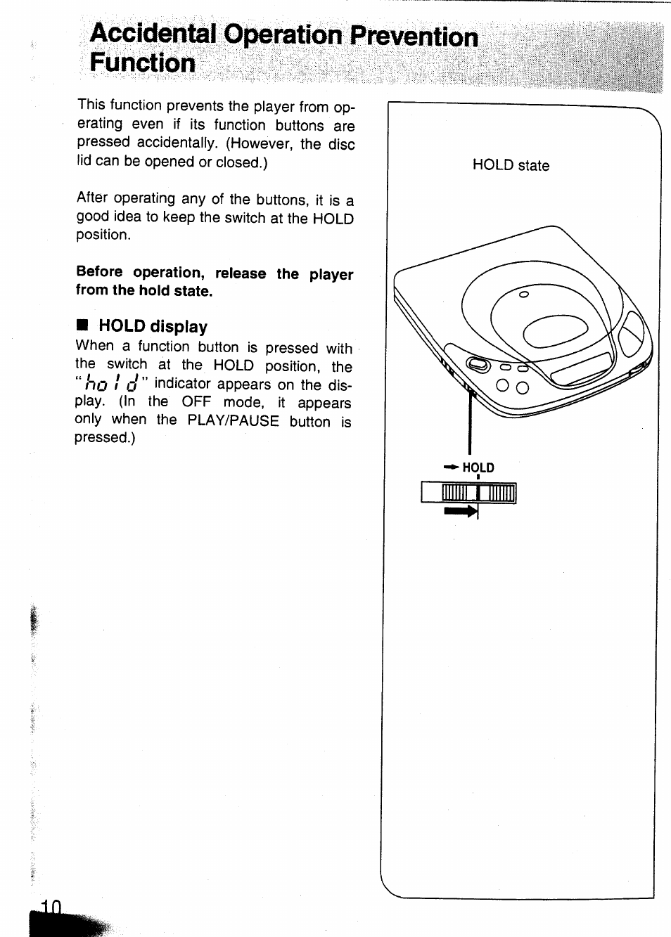 Accidental operation prevention function, Hold display | Panasonic SL-XP350 User Manual | Page 10 / 28