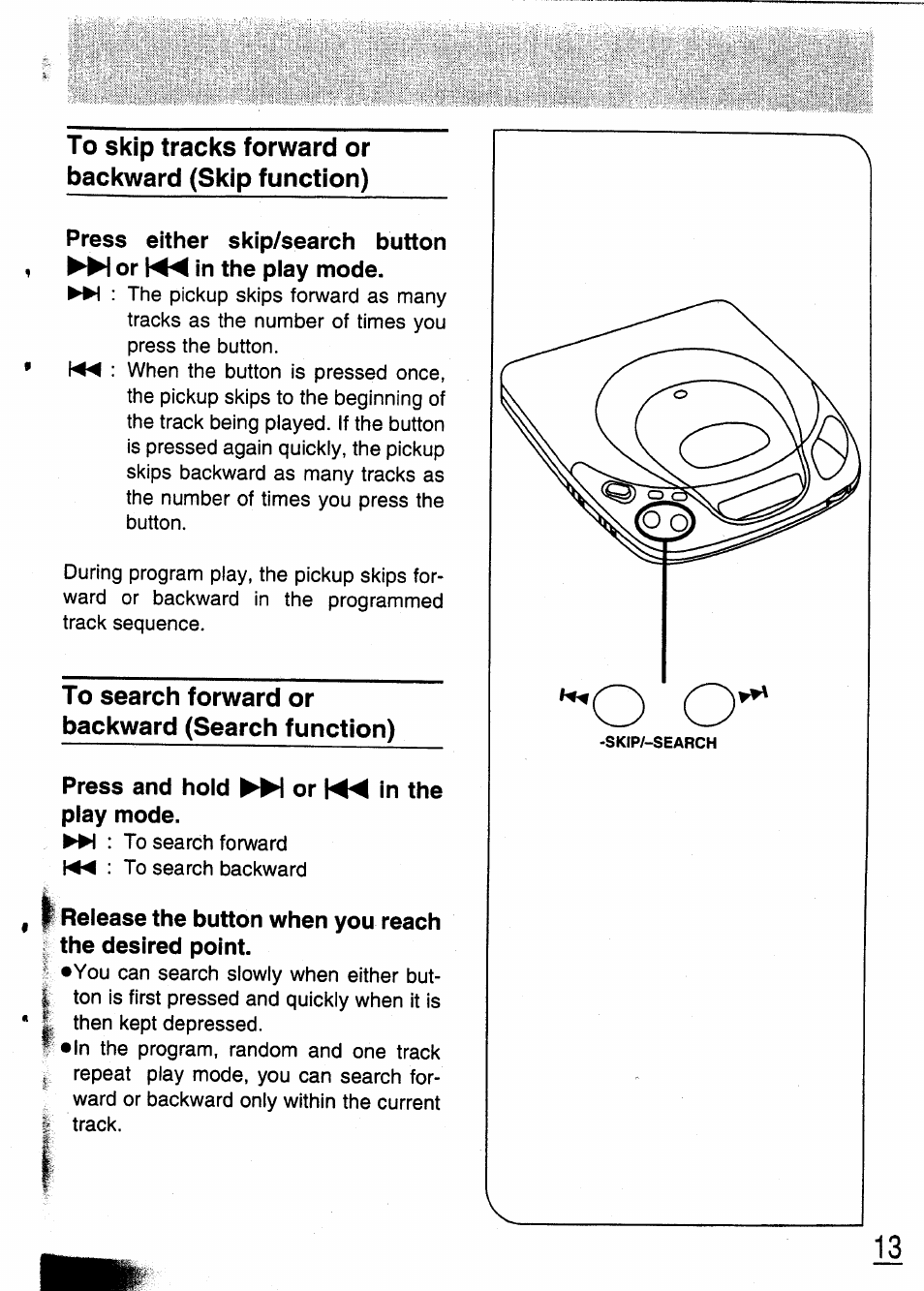 To skip tracks forward or backward (skip function), To search forward or backward (search function), Press and hold ►w or play mode | Panasonic SL-XP350 User Manual | Page 13 / 28