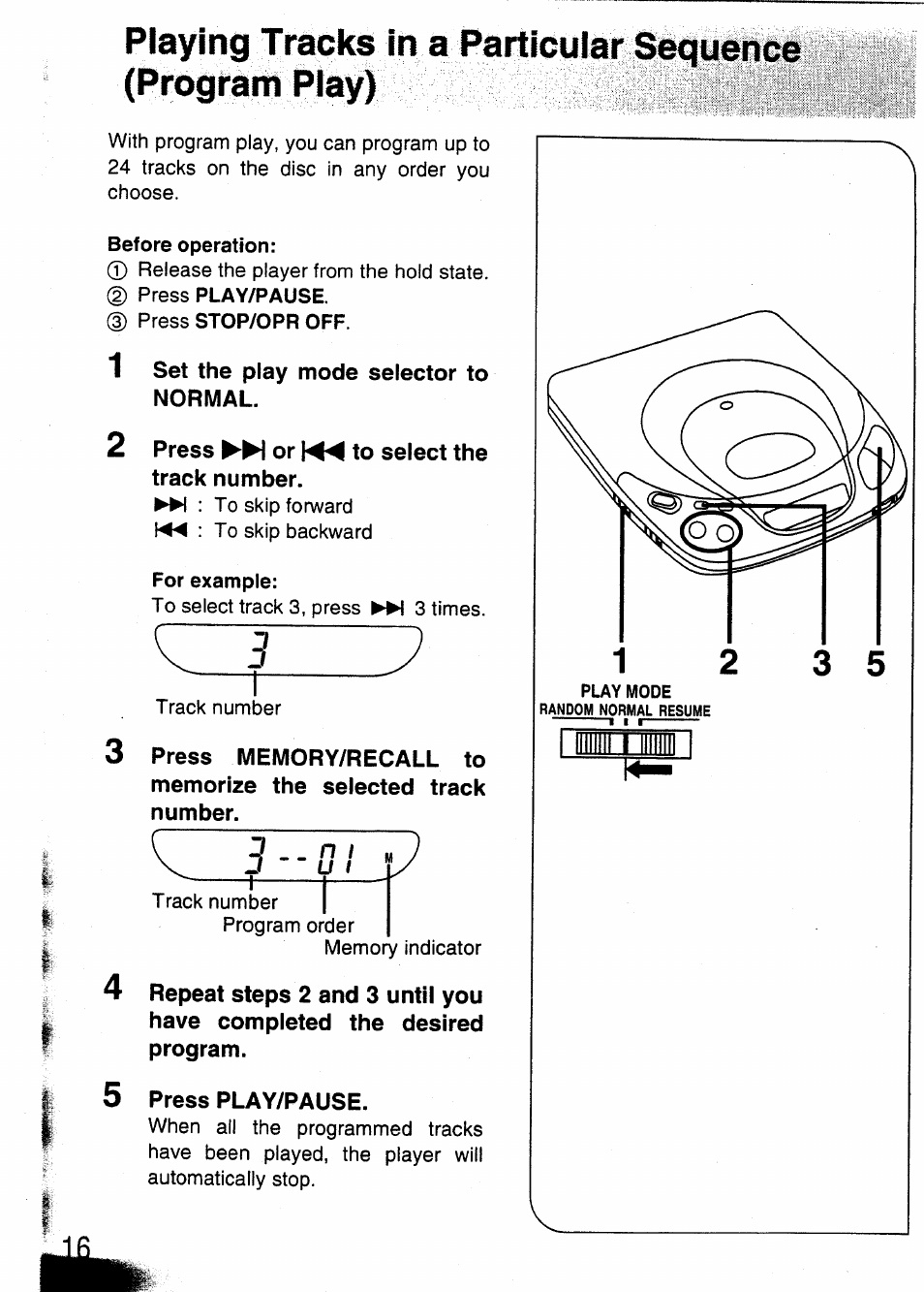 1 set the play mode selector to normal, 2 press ►n or to select the track number, Press play/pause | Qn i 3 u i | Panasonic SL-XP350 User Manual | Page 16 / 28