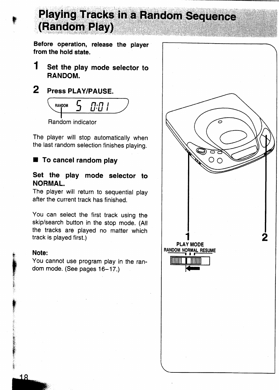 Playing tracks in a random sequence (random play), 1 set the play mode selector to random, 2 press play/pause | To cancel random play, Set the play mode selector to normal, Note | Panasonic SL-XP350 User Manual | Page 18 / 28