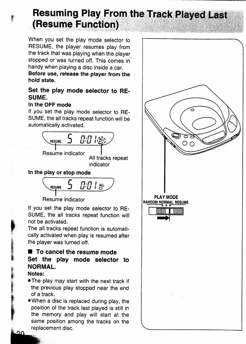 Set the play mode selector to resume | Panasonic SL-XP350 User Manual | Page 20 / 28