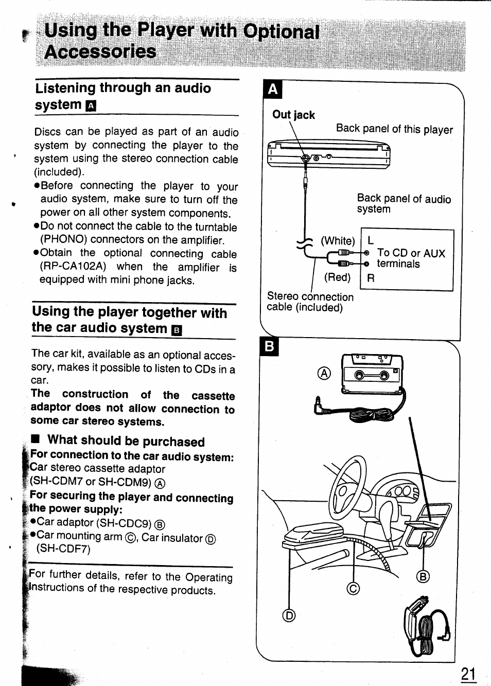 F using the player with optional accessories, What should be purchased | Panasonic SL-XP350 User Manual | Page 21 / 28