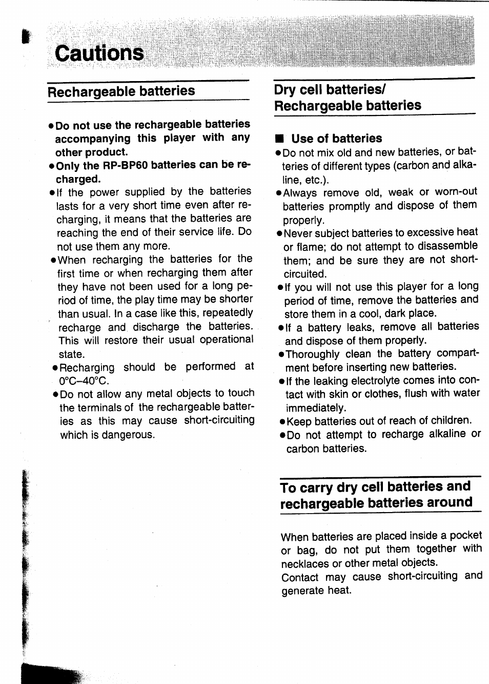 Cautions, Rechargeable batteries, Dry cell batteries | Use of batteries, Dry cell batteries/ rechargeable batteries | Panasonic SL-XP350 User Manual | Page 24 / 28