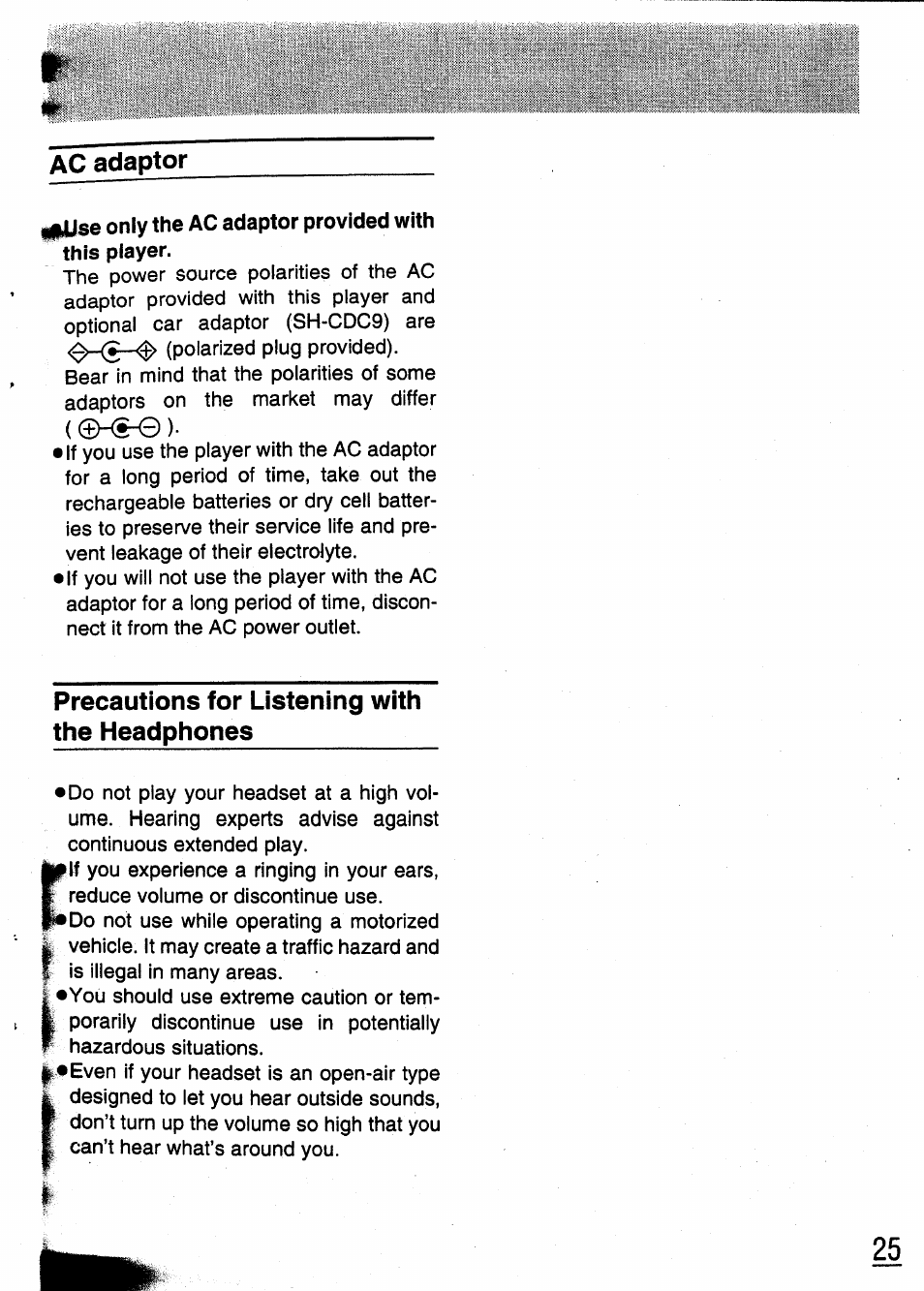 Precautions for listening with the headphones, Ac adaptor | Panasonic SL-XP350 User Manual | Page 25 / 28