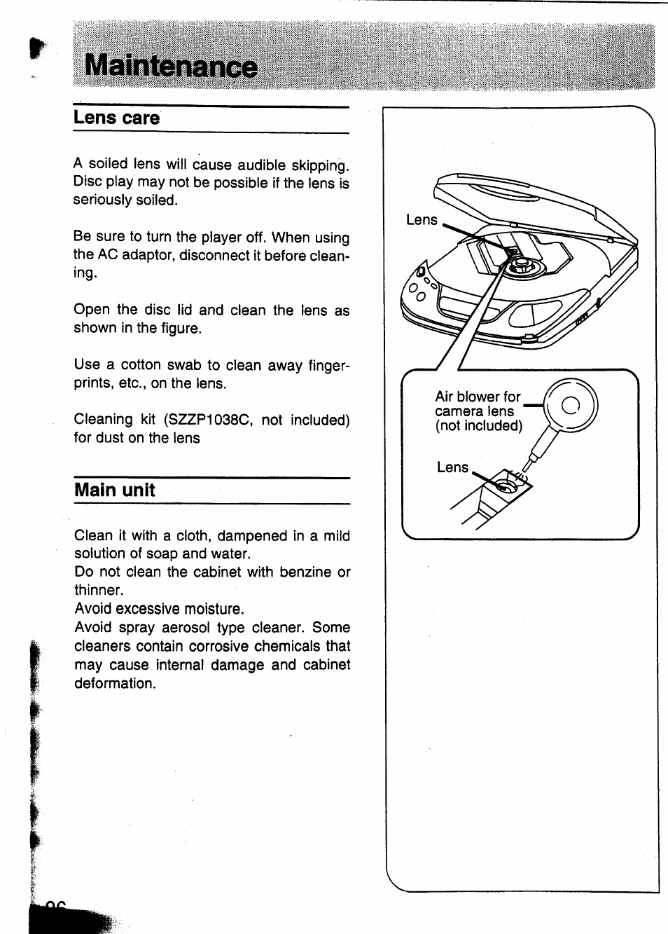 Maintenance, Lens care, Main unit | Panasonic SL-XP350 User Manual | Page 26 / 28