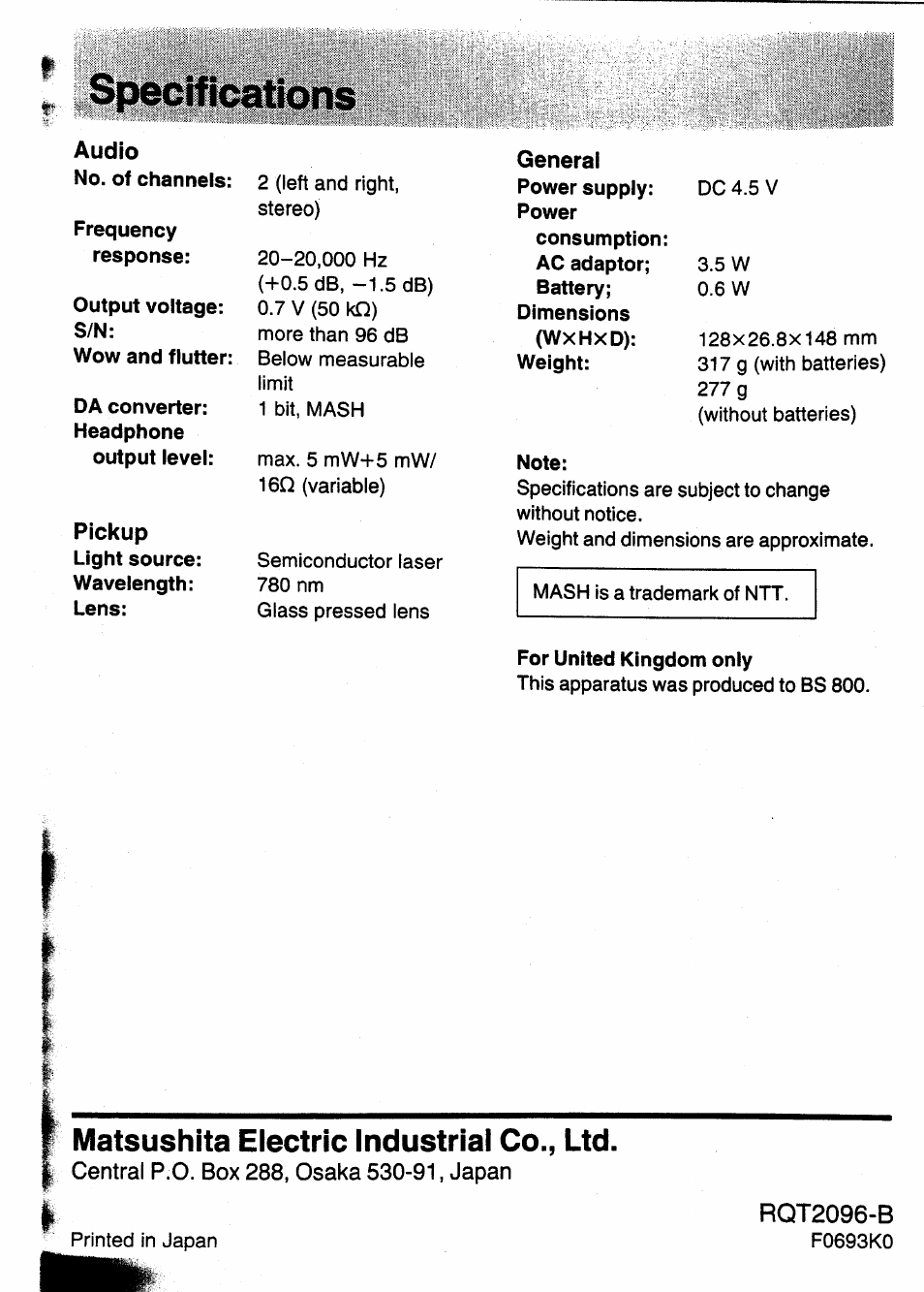 Specifications, Matsushita electric industrial co., ltd, Rqt2096-b | Audio, Pickup, General | Panasonic SL-XP350 User Manual | Page 28 / 28