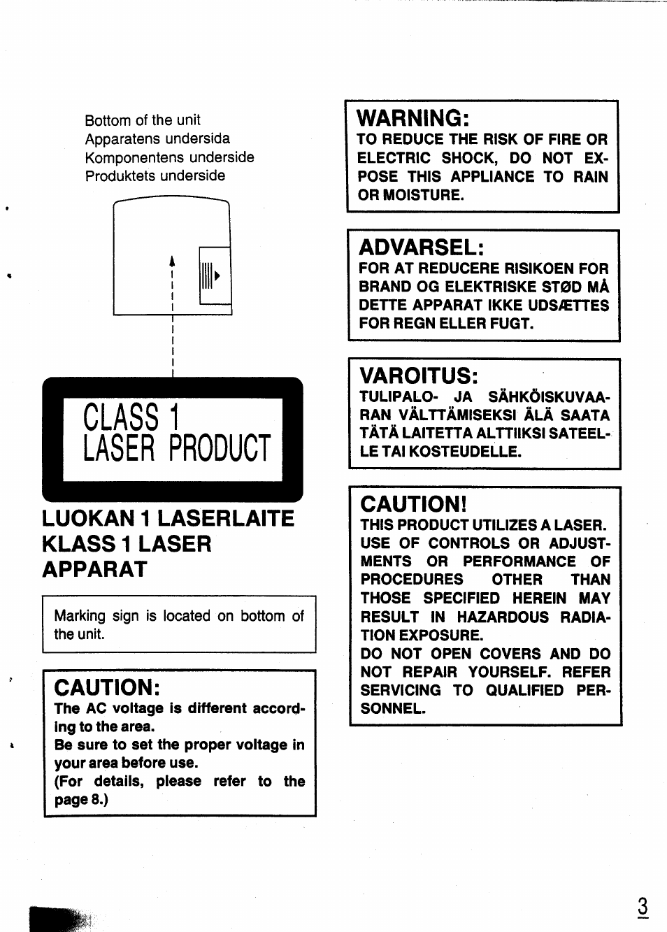 Luokan 1 laserlaite klass 1 laser apparat, Caution, Warning | Advarsel, Varoitus, Laser product | Panasonic SL-XP350 User Manual | Page 3 / 28