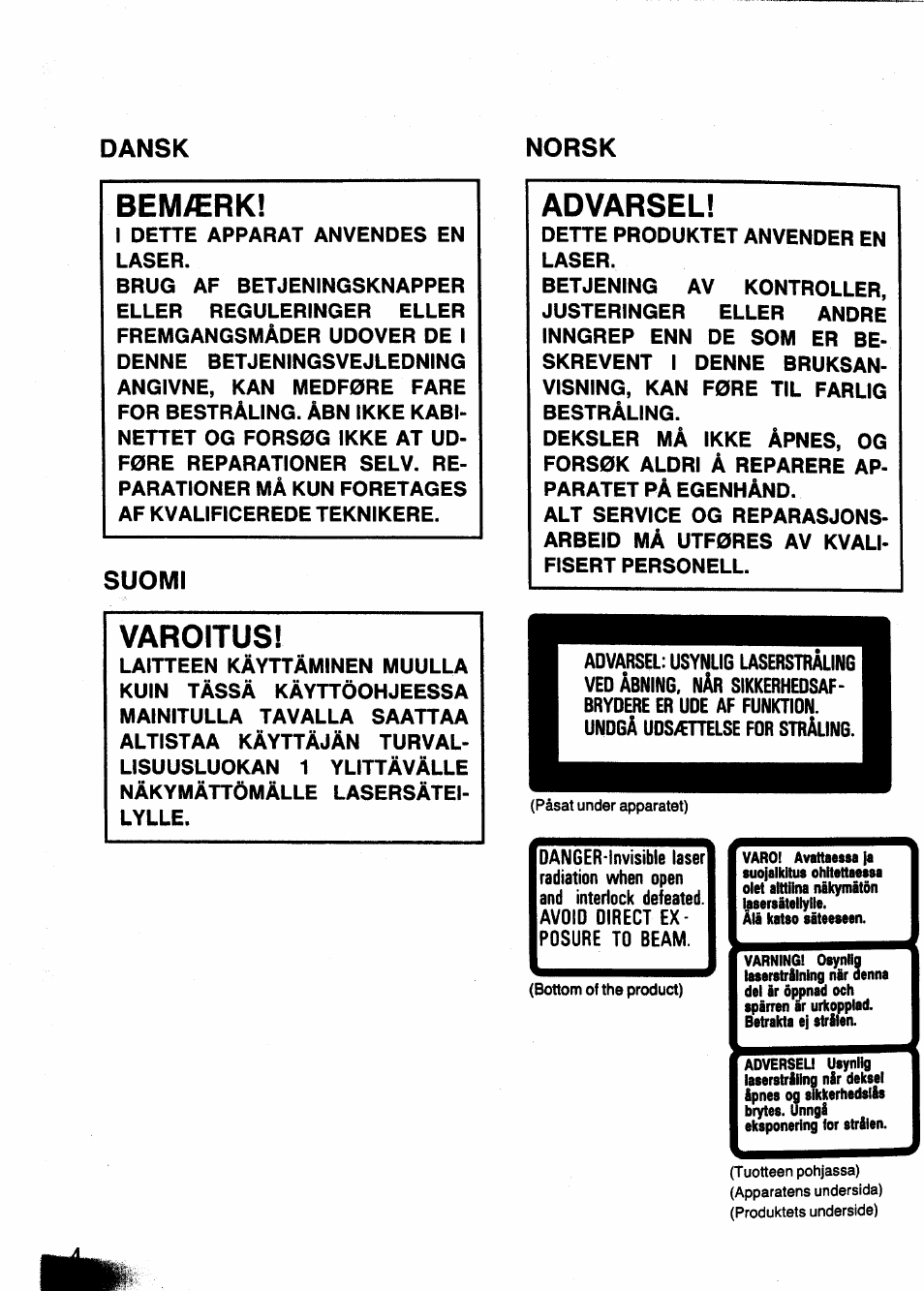 Bemærk, Suomi, Varoitus | Advarsel, Dansk norsk | Panasonic SL-XP350 User Manual | Page 4 / 28