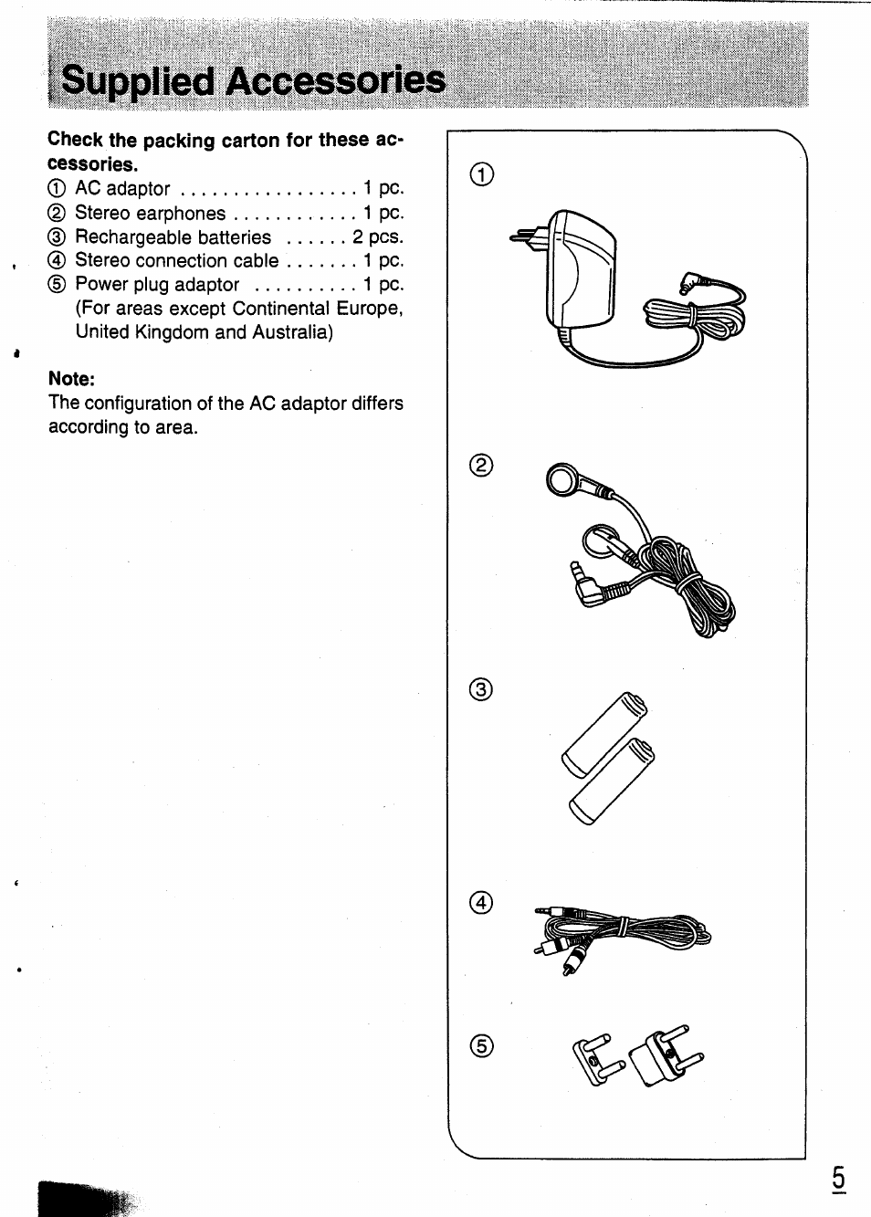 Supplied accessories | Panasonic SL-XP350 User Manual | Page 5 / 28