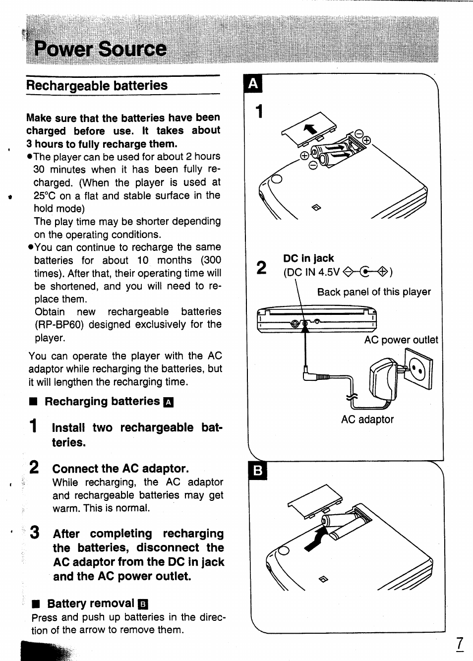 Power source, Rechargeable batteries | Panasonic SL-XP350 User Manual | Page 7 / 28