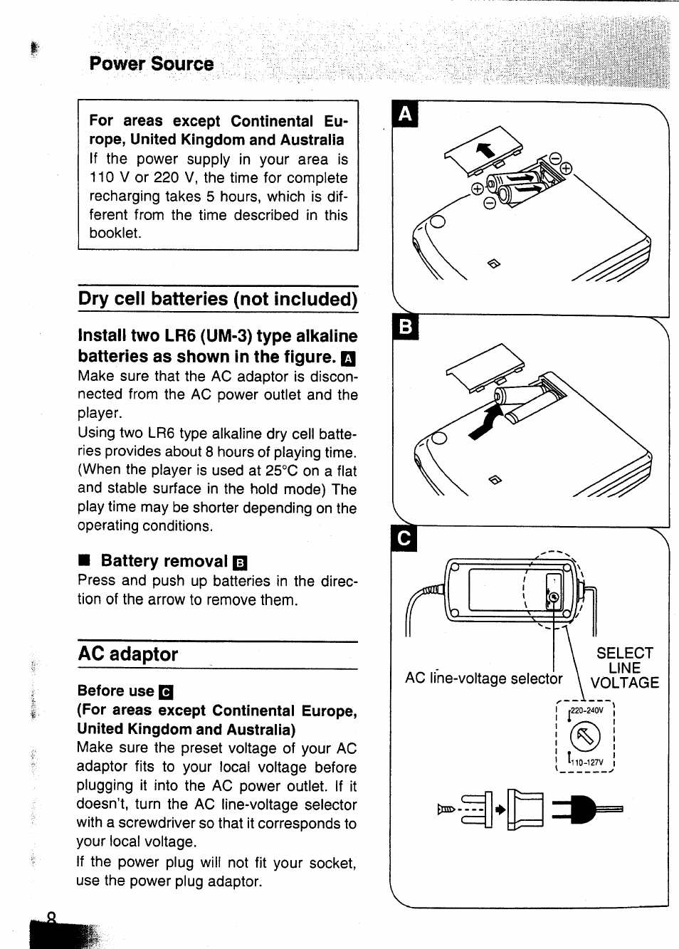 Power source, Pry ceil batteries (not included), Battery removal | Ac adaptor | Panasonic SL-XP350 User Manual | Page 8 / 28