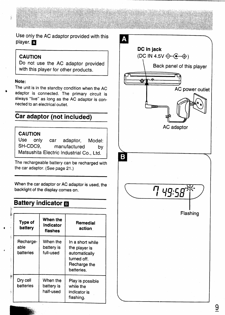 Note, Car adaptor (not included), Battery indicator m | Panasonic SL-XP350 User Manual | Page 9 / 28