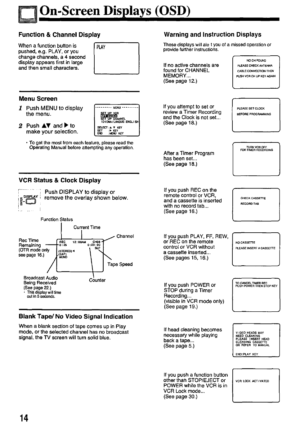 On-screen displays (osd), Warning and instruction displays, Menu screen | Vcr status & clock display, Blank tape/ no video signal indication | Panasonic PV-7451 User Manual | Page 14 / 36