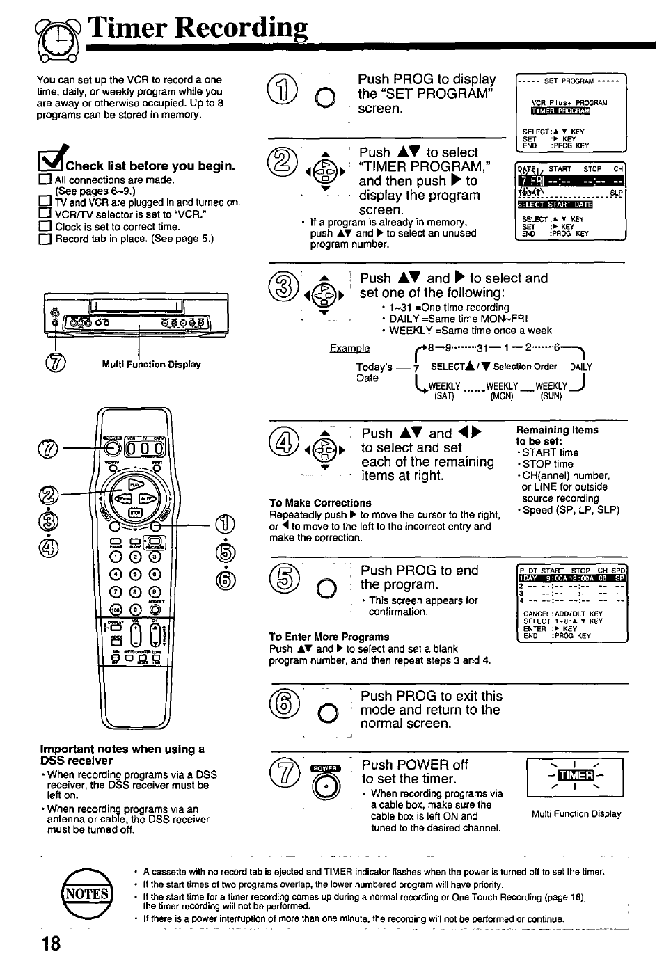 Timer recording, To make corrections, Remaining items to be set | To enter more programs, Important notes when using a, Dss receiver | Panasonic PV-7451 User Manual | Page 18 / 36