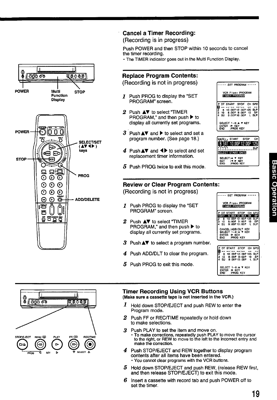 Cancel a timer recording, Replace program contents, Review or clear program contents | Timer recording using vcr buttons | Panasonic PV-7451 User Manual | Page 19 / 36