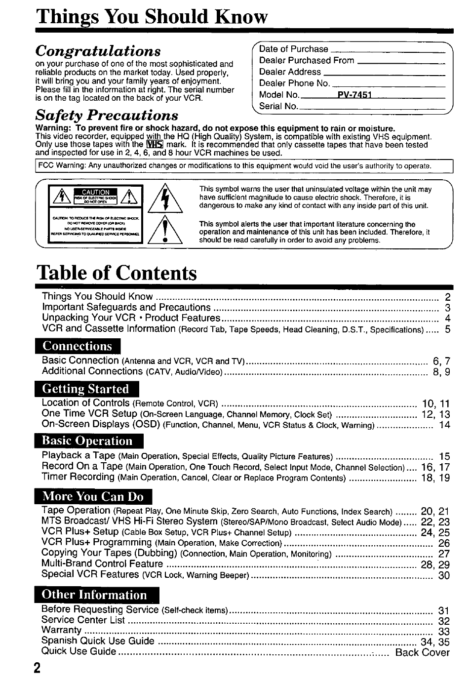 Panasonic PV-7451 User Manual | Page 2 / 36