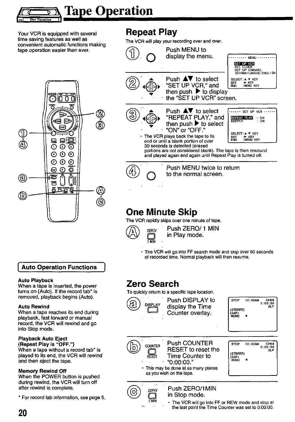Fm—^ tape operation, Repeat play, One minute skip | Auto operation functions, Auto playback, Auto rewind, Memory rewind off, Zero search, Auto repeat function, Tape operation | Panasonic PV-7451 User Manual | Page 20 / 36