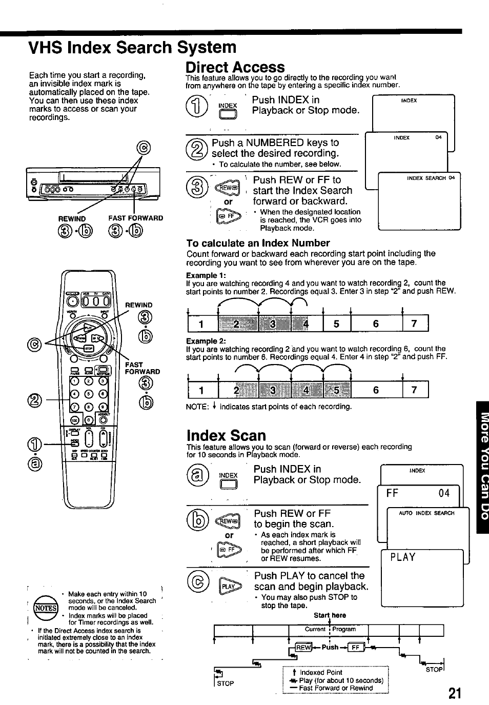 Vhs index search system, Direct access, To calculate an index number | Example 2, Index scan | Panasonic PV-7451 User Manual | Page 21 / 36