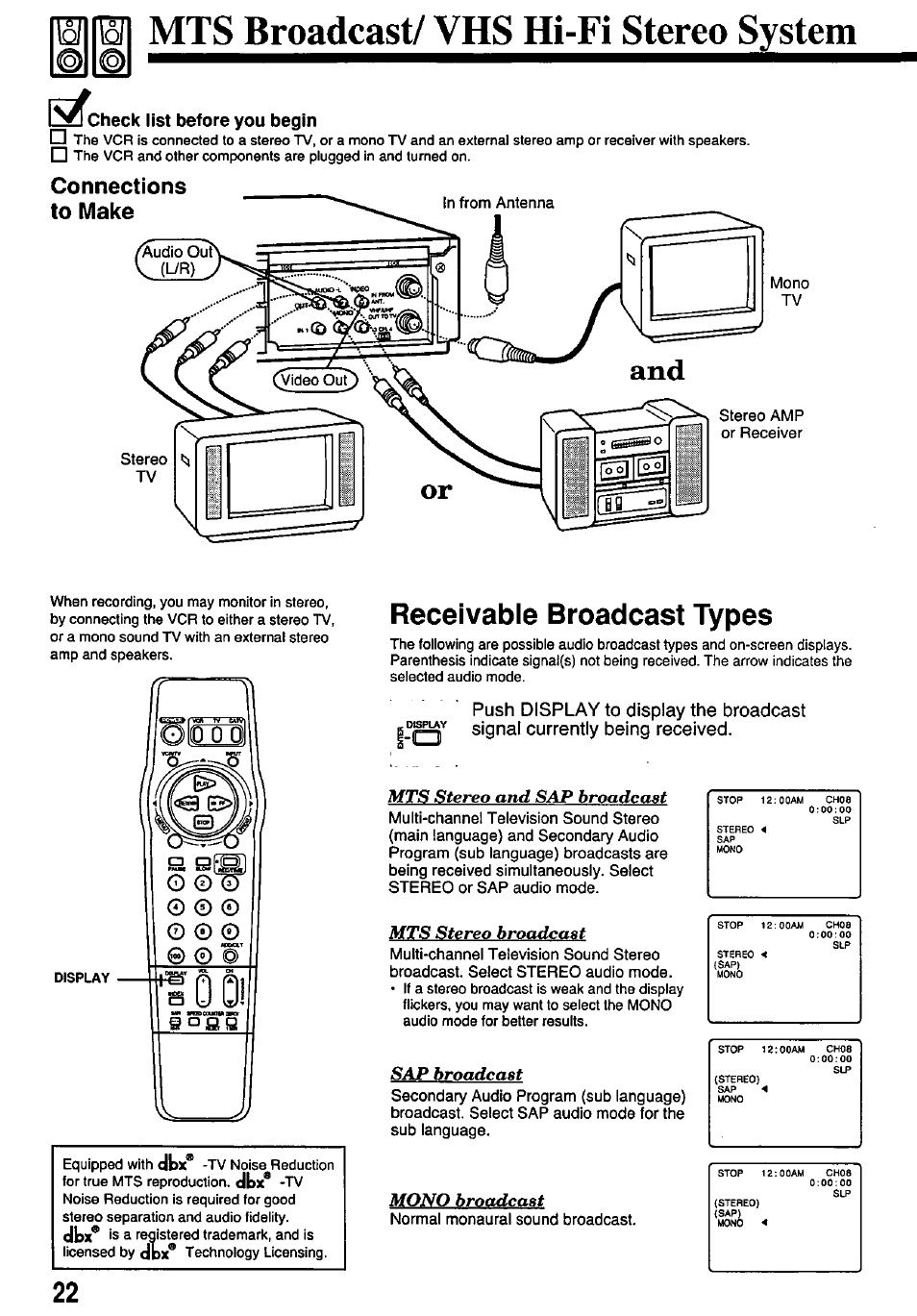 Tqì1(tqiì mts broadcast/vhs hi-fi stereo system, Check list before you begin, Connections | Receivable broadcast types, Iì mts broadcast/vhs hi-fi stereo system | Panasonic PV-7451 User Manual | Page 22 / 36