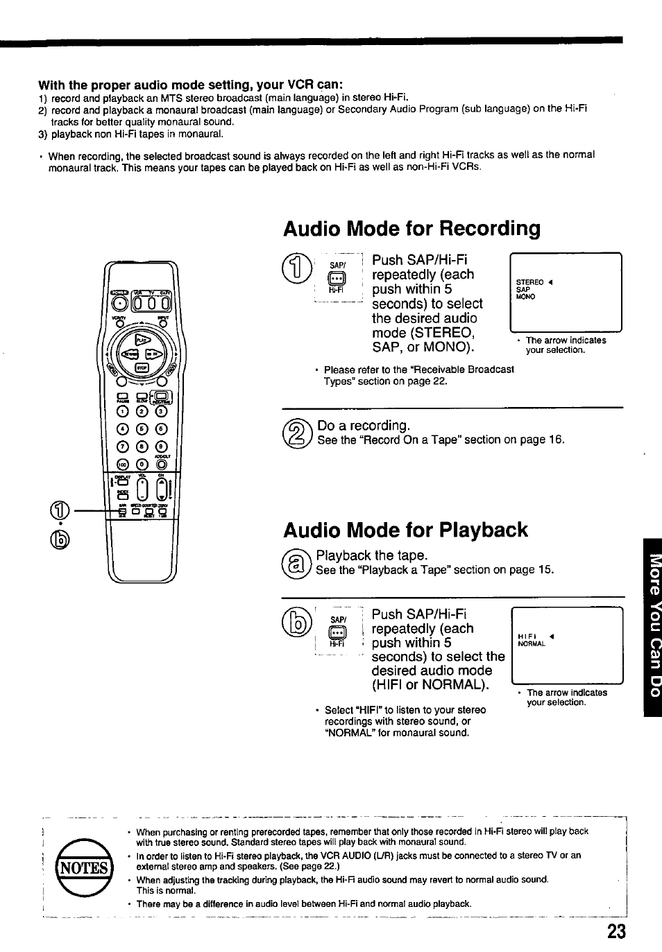 Audio mode for recording, Audio mode for piayback, Audio mode for recording ® a | Panasonic PV-7451 User Manual | Page 23 / 36