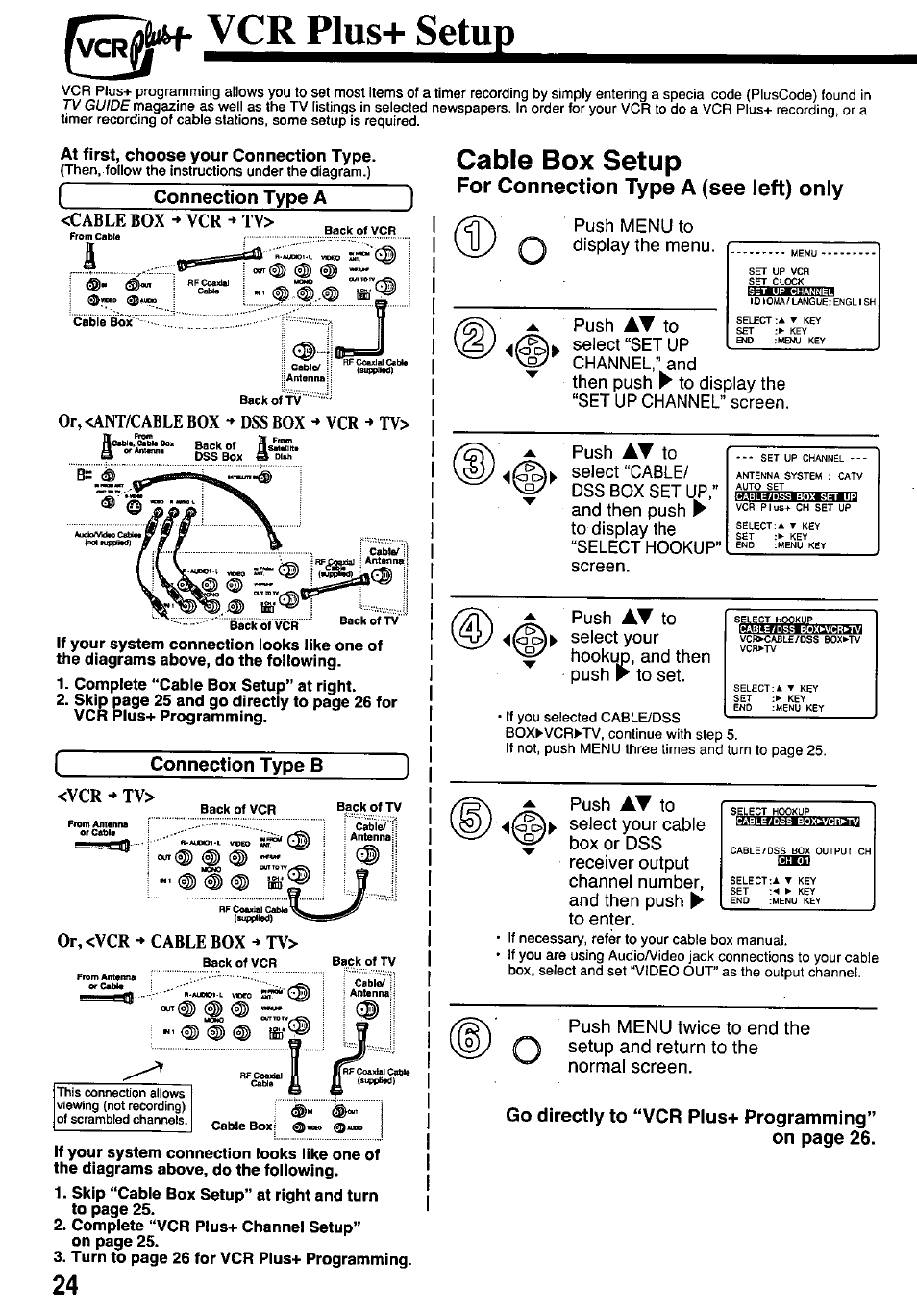 Vcr plus+ setup, Connection type a, Connection type b | Cable box setup, For connection type a (see left) only, Go directly to “vcr plus+ programming | Panasonic PV-7451 User Manual | Page 24 / 36