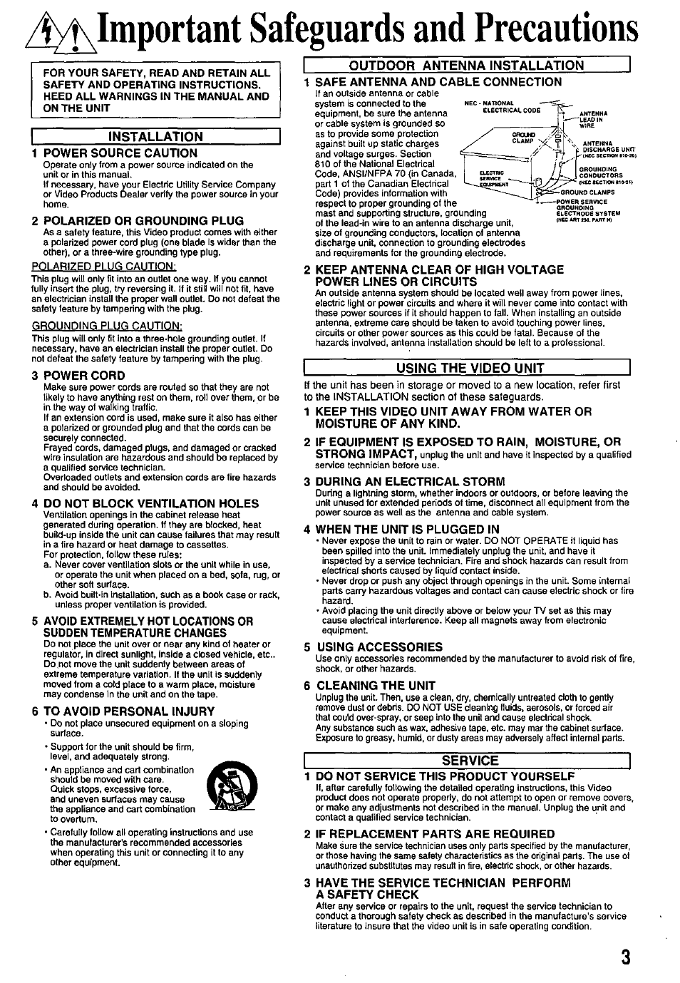 1 power source caution, 2 polarized or grounding plug, 3 power cord | 4 do not block ventilation holes, 6 to avoid personal injury, 1 safe antenna and cable connection, 3 during an electrical storm, 4 when the unit is plugged in, 5 using accessories, 6 cleaning the unit | Panasonic PV-7451 User Manual | Page 3 / 36