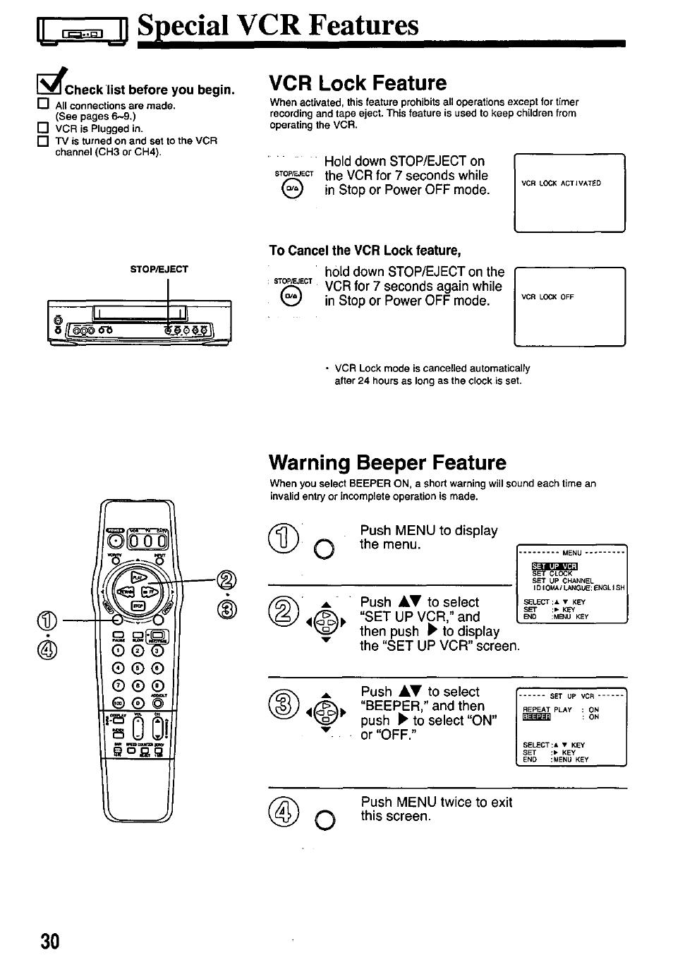 J sgedalvcrfeato, L^^check list before you begin, Vcr lock feature | To cancel the vcr lock feature, Warning beeper feature | Panasonic PV-7451 User Manual | Page 30 / 36