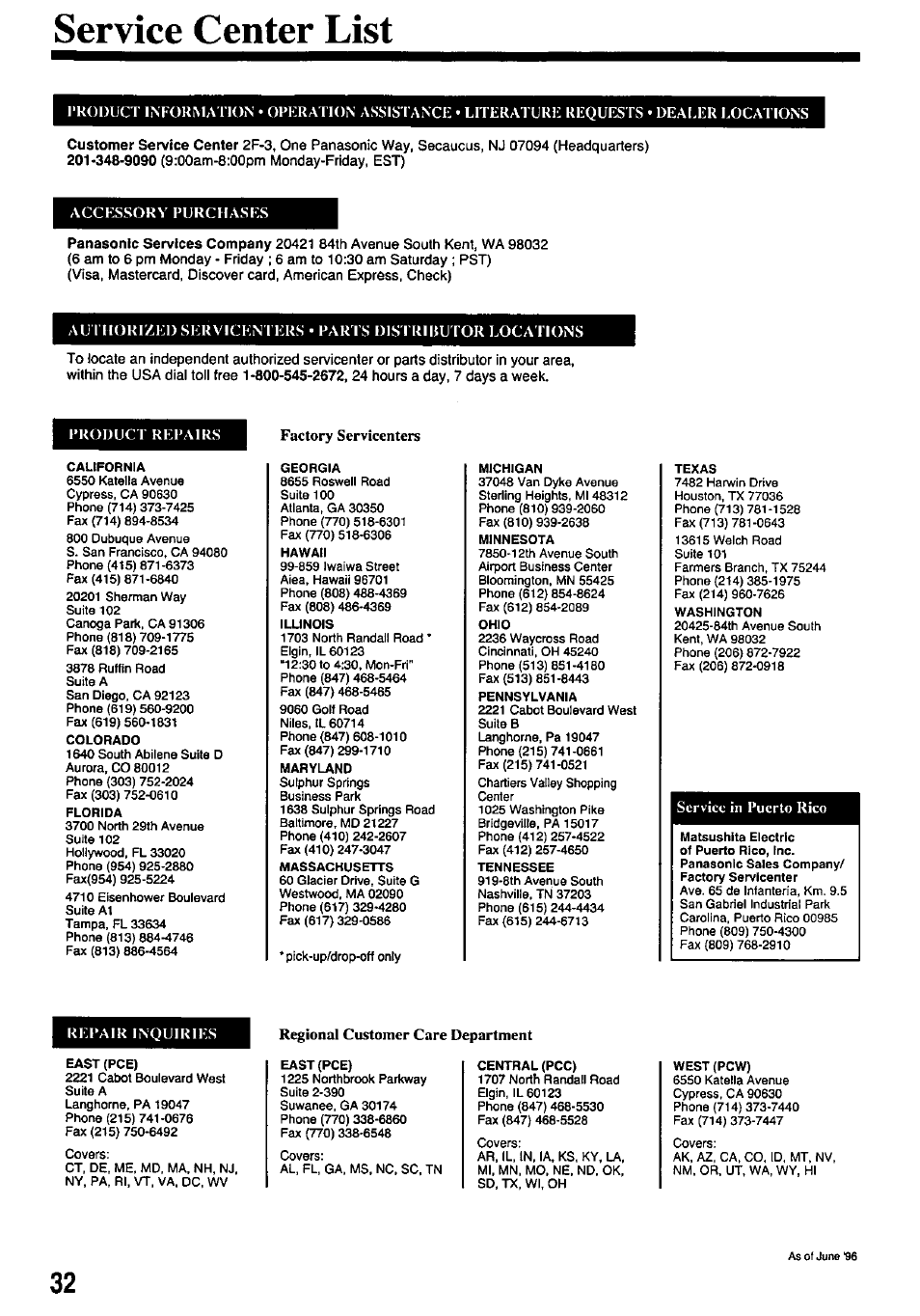 Service center list | Panasonic PV-7451 User Manual | Page 32 / 36