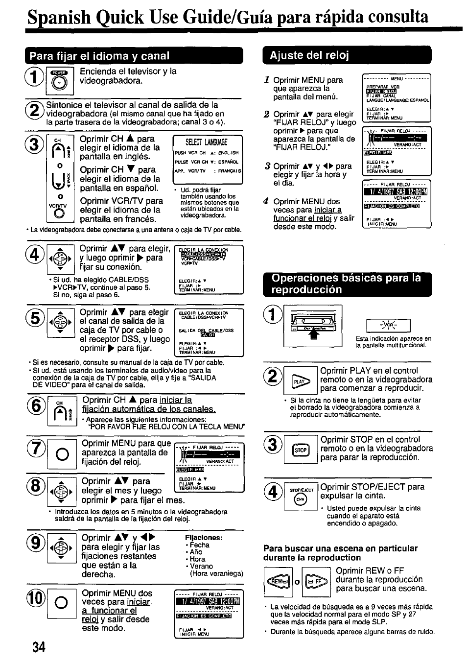 Spanish quick use guide/guia para rápida consulta, Ajuste del reloj, Fijaciones | Operaciones básicas para la reproducción, 1 para fijar el idioma y canal | Panasonic PV-7451 User Manual | Page 34 / 36