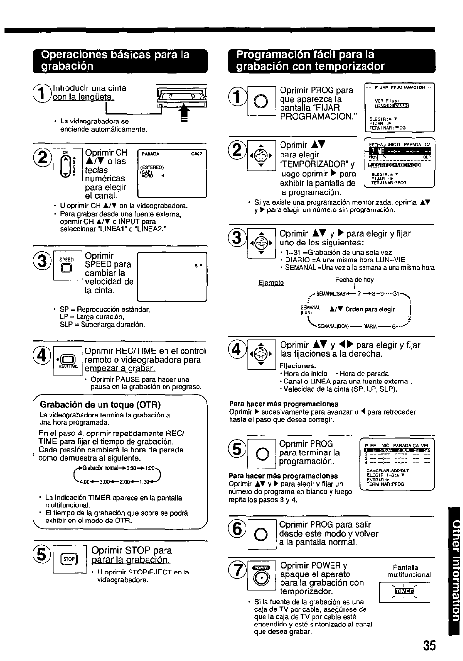 Operaciones básicas para la grabación | Panasonic PV-7451 User Manual | Page 35 / 36