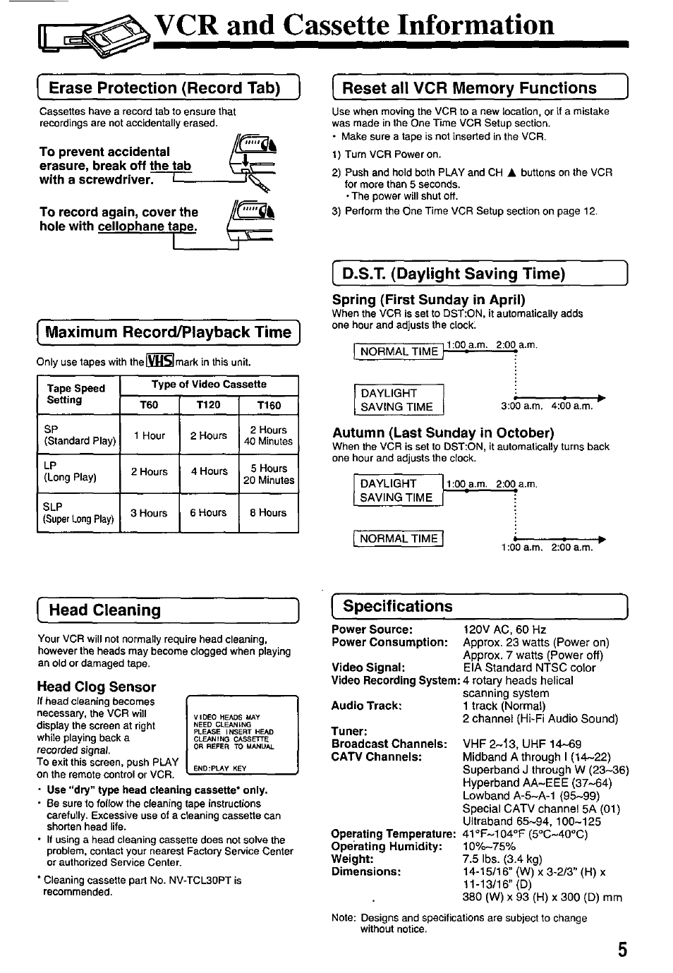Vcr and cassette information, Erase protection (record tab), Maximum record/playback time | Reset all vcr memory functions, D.s.t. (daylight saving time), Spring (first sunday in april), Autumn (last sunday in october), Head cleaning, Specifications, Head clog sensor | Panasonic PV-7451 User Manual | Page 5 / 36