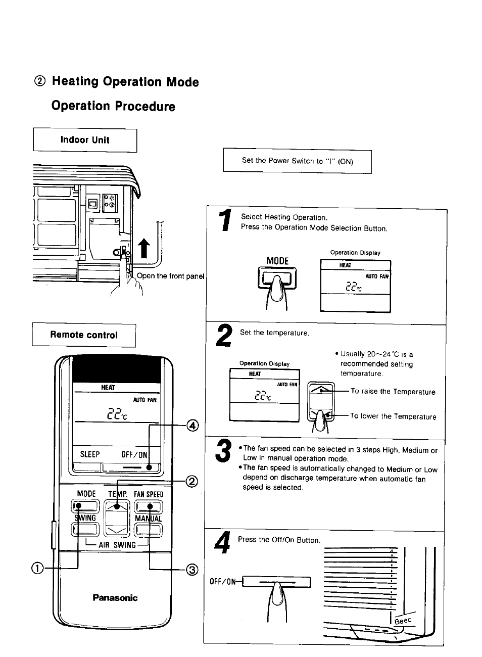 Indoor unit, Remote control, Panasonic | Heating operation mode operation procedure | Panasonic CS-1873KR User Manual | Page 10 / 22