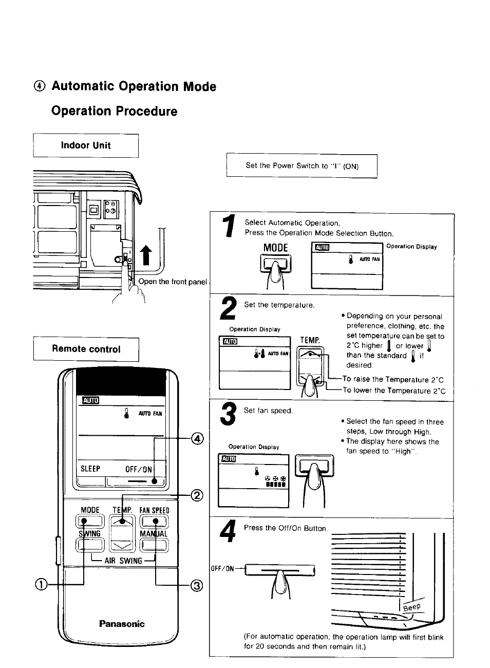 Indoor unit, Panasonic, Automatic operation mode operation procedure | Panasonic CS-1873KR User Manual | Page 12 / 22