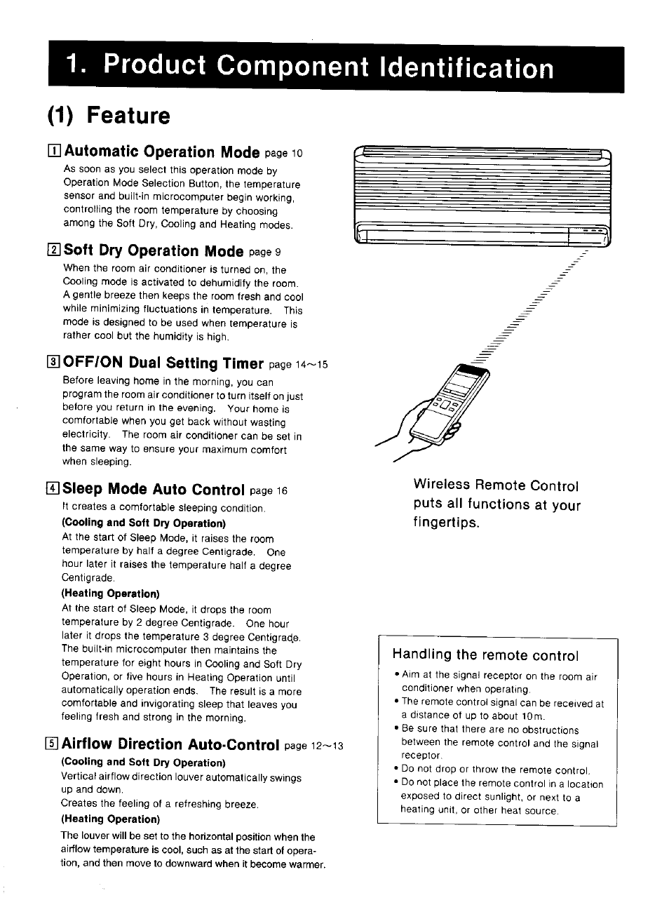 Product component identification, 1) feature, D] automatic operation mode page io | 2] soft dry operation mode pageg, I]off/on dual setting timer, S sleep mode auto control page ie, U airflow direction auto-control | Panasonic CS-1873KR User Manual | Page 3 / 22