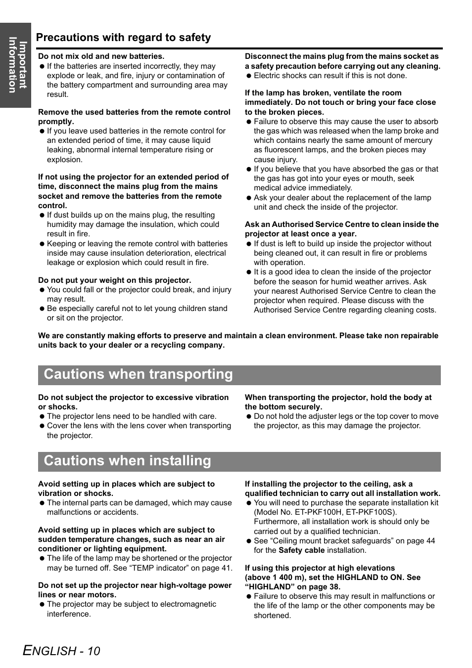 Cautions when transporting, Cautions when installing, Nglish - 10 | Precautions with regard to safety, Important information | Panasonic PT-F100E User Manual | Page 10 / 56