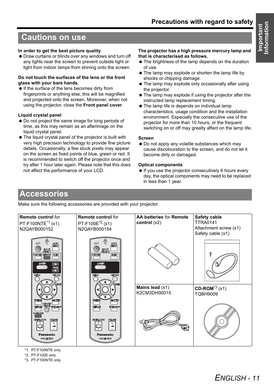 Cautions on use, Accessories, Cautions on use accessories | Nglish - 11, Precautions with regard to safety, Important information | Panasonic PT-F100E User Manual | Page 11 / 56