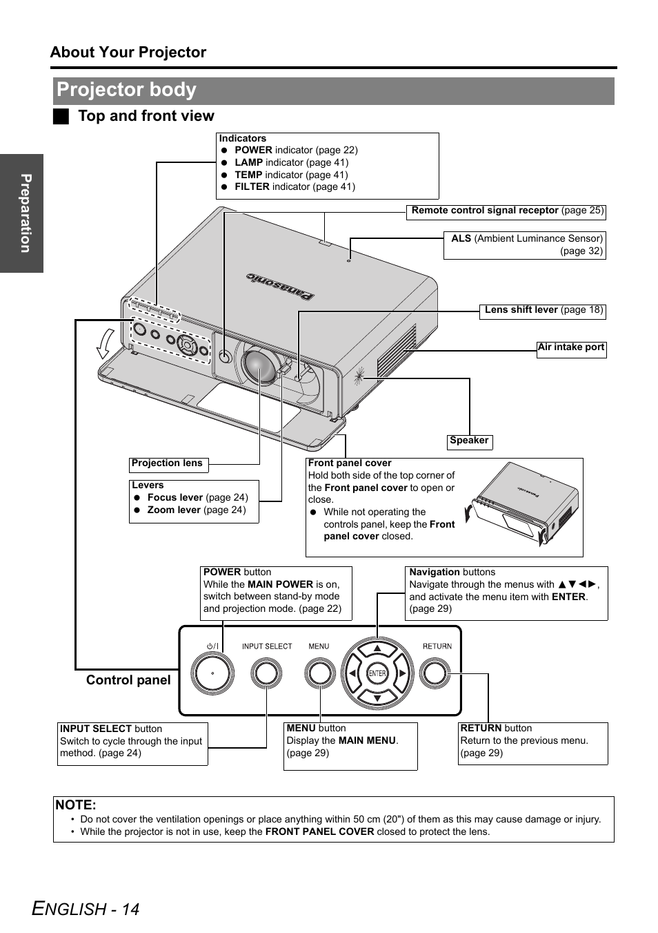 Projector body, Nglish - 14, About your projector | Jtop and front view, Preparation | Panasonic PT-F100E User Manual | Page 14 / 56