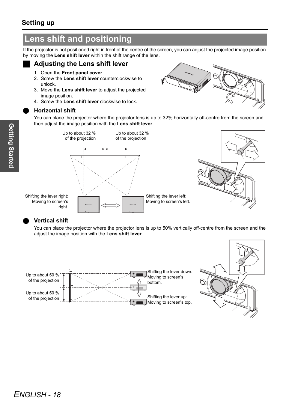 Lens shift and positioning, Nglish - 18, Setting up | Jadjusting the lens shift lever | Panasonic PT-F100E User Manual | Page 18 / 56