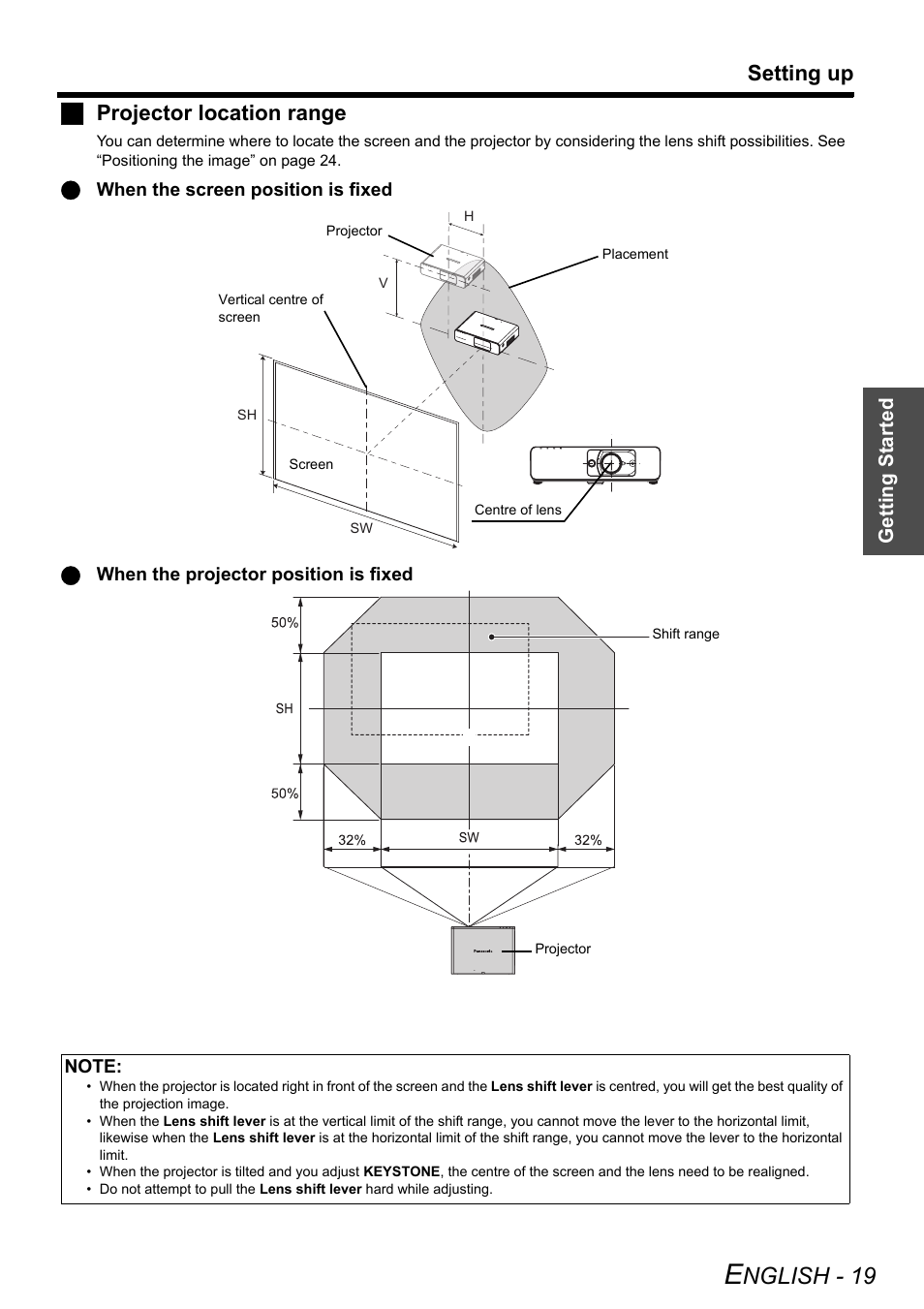 Nglish - 19, Setting up, Jprojector location range | Panasonic PT-F100E User Manual | Page 19 / 56