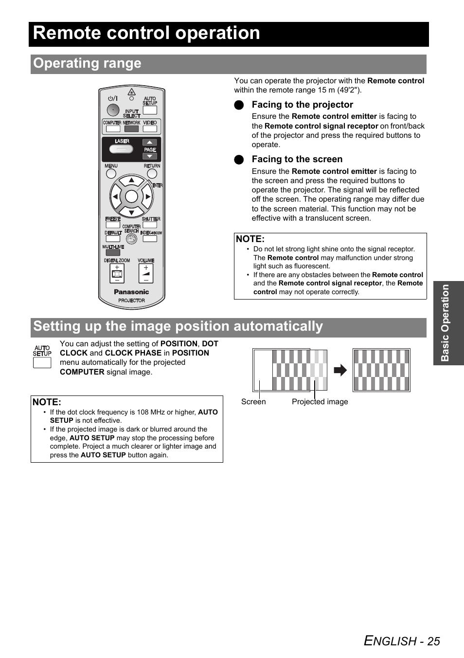 Remote control operation, Operating range, Setting up the image position automatically | Nglish - 25 | Panasonic PT-F100E User Manual | Page 25 / 56