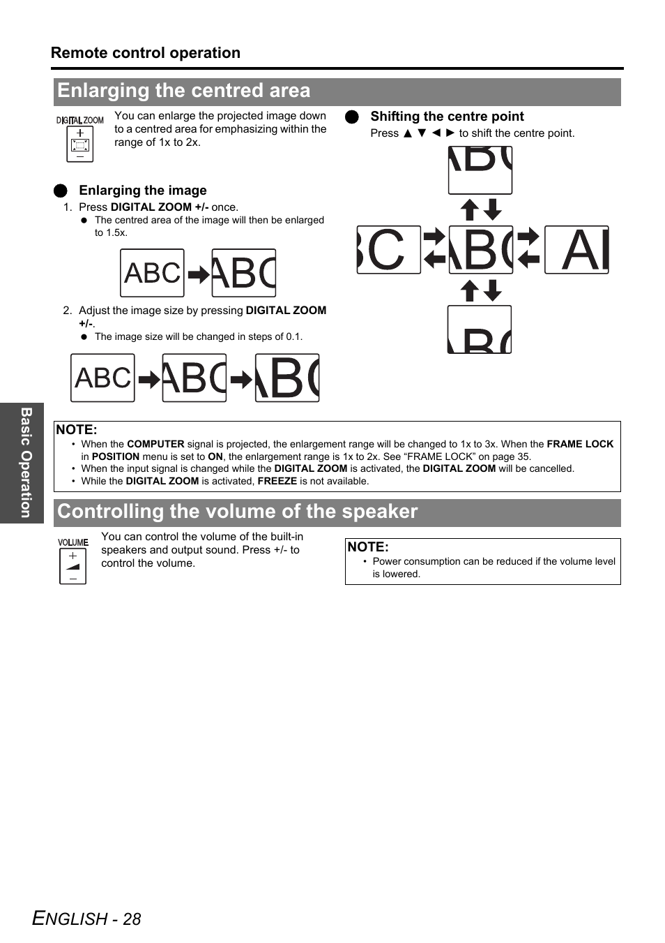Enlarging the centred area, Controlling the volume of the speaker, Nglish - 28 | Remote control operation | Panasonic PT-F100E User Manual | Page 28 / 56