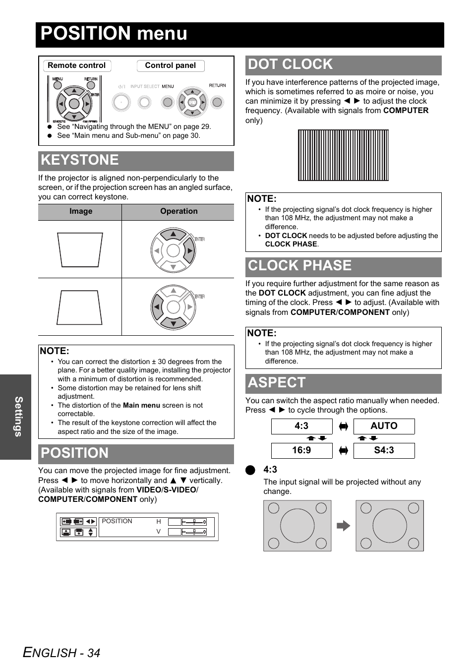 Position menu, Keystone, Position | Dot clock, Clock phase, Aspect, Keystone position dot clock clock phase aspect, Rs, see “keystone” on, Nglish - 34 | Panasonic PT-F100E User Manual | Page 34 / 56